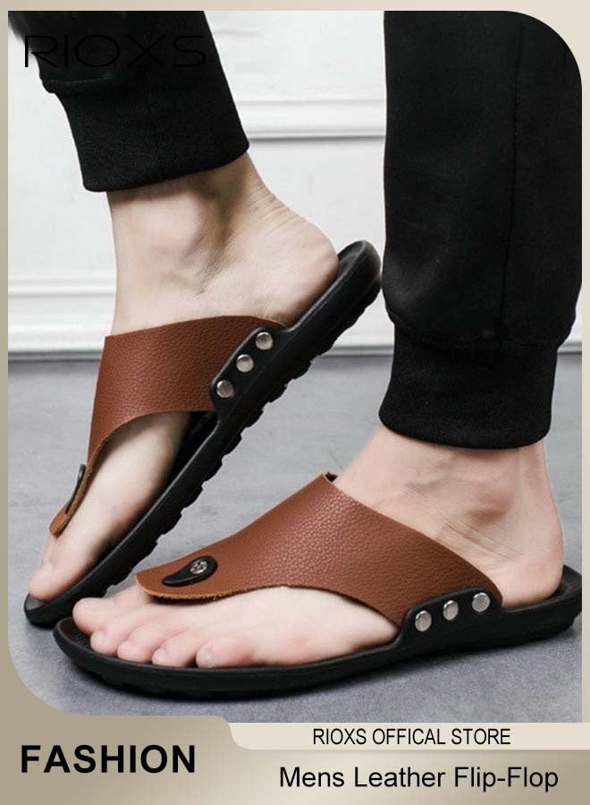 ريوكس الخجل الرجولي، وندل الرجولة، وندل الأصبع، وندل جلدي رفيع المستوى من نوع PU، ونعال من الجلد لدعم القوس الرجولي، ونعال للمشي في الهواء الطلق وخارجه، وصندل للتسلية الخفيفة، وقطب بني اللون - Image 1