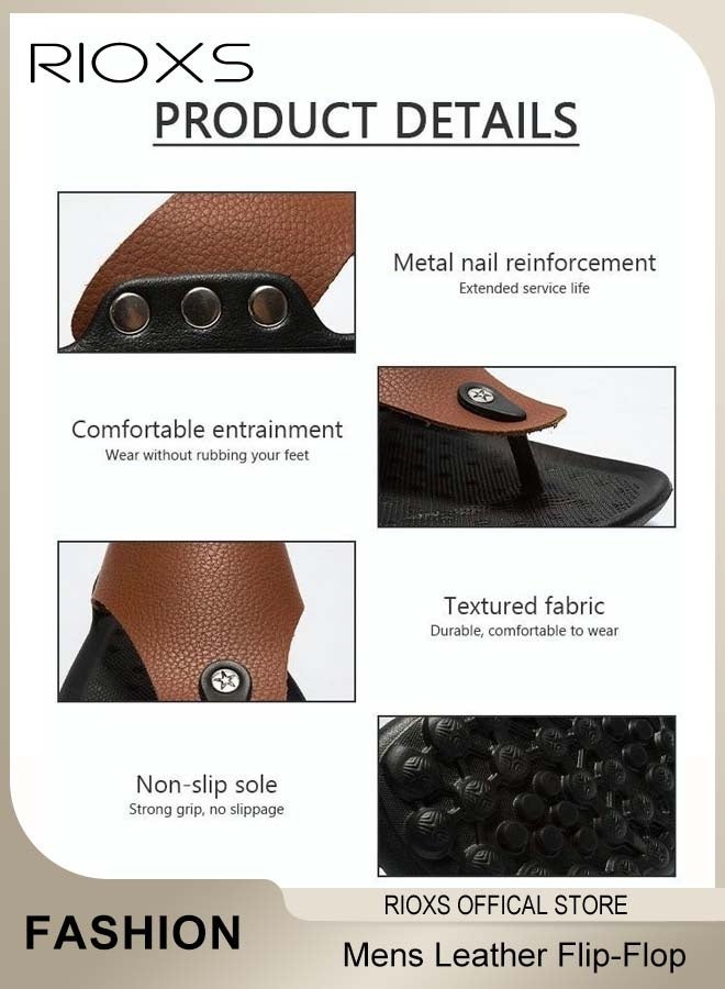 ريوكس الخجل الرجولي، وندل الرجولة، وندل الأصبع، وندل جلدي رفيع المستوى من نوع PU، ونعال من الجلد لدعم القوس الرجولي، ونعال للمشي في الهواء الطلق وخارجه، وصندل للتسلية الخفيفة، وقطب بني اللون - Image 5