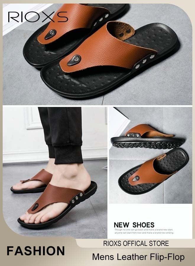 ريوكس الخجل الرجولي، وندل الرجولة، وندل الأصبع، وندل جلدي رفيع المستوى من نوع PU، ونعال من الجلد لدعم القوس الرجولي، ونعال للمشي في الهواء الطلق وخارجه، وصندل للتسلية الخفيفة، وقطب بني اللون - Image 4