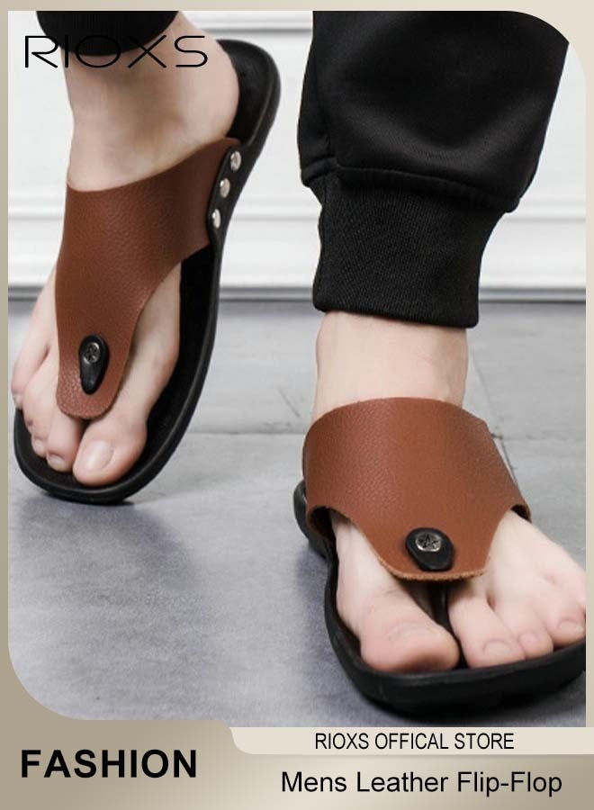 ريوكس الخجل الرجولي، وندل الرجولة، وندل الأصبع، وندل جلدي رفيع المستوى من نوع PU، ونعال من الجلد لدعم القوس الرجولي، ونعال للمشي في الهواء الطلق وخارجه، وصندل للتسلية الخفيفة، وقطب بني اللون - Image 2