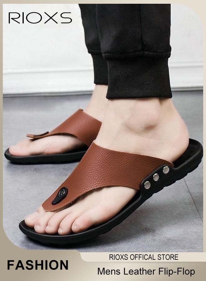 ريوكس الخجل الرجولي، وندل الرجولة، وندل الأصبع، وندل جلدي رفيع المستوى من نوع PU، ونعال من الجلد لدعم القوس الرجولي، ونعال للمشي في الهواء الطلق وخارجه، وصندل للتسلية الخفيفة، وقطب بني اللون - Image 3