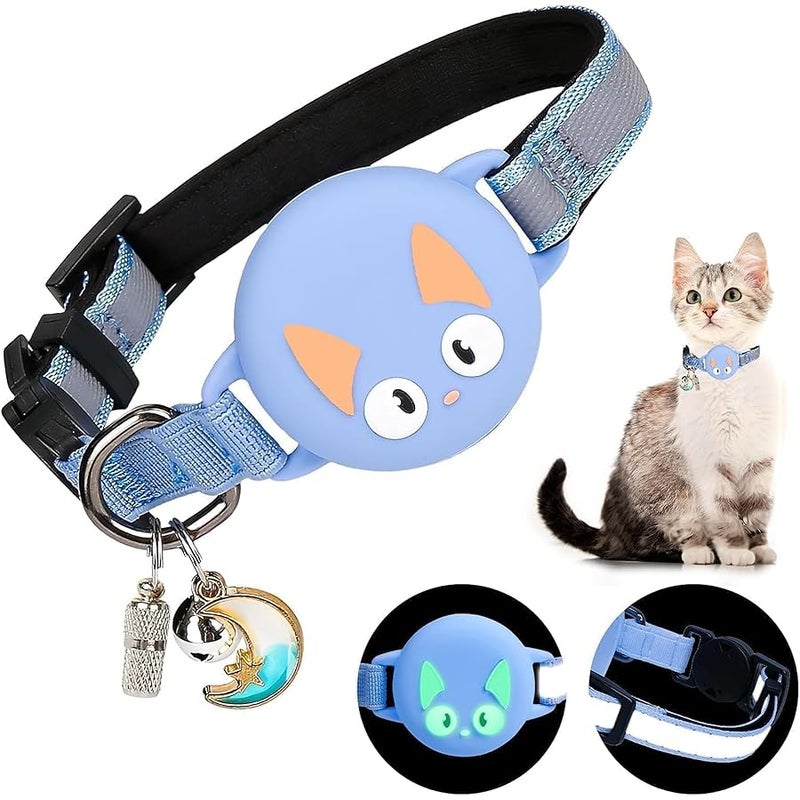 Woyinger Reflective Breakaway Cat Collars with Name Tag, with Apple Air Tag Holder and Bell, Waterproof AirTag Cat Collar Holder, Adjustable,Reflective Breakaway Cat Collars, for Girl Boy Cats (Blue) - Image 1