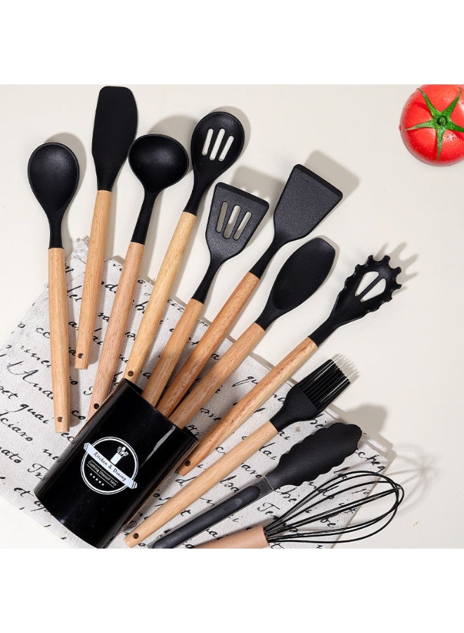 طقم أدوات الطهي غير اللاصقة من السيليكون 11 قطعة، أدوات مطبخ سيليكون مقاومة للحرارة مع مقبض خشبي، أدوات سيليكون للطهي