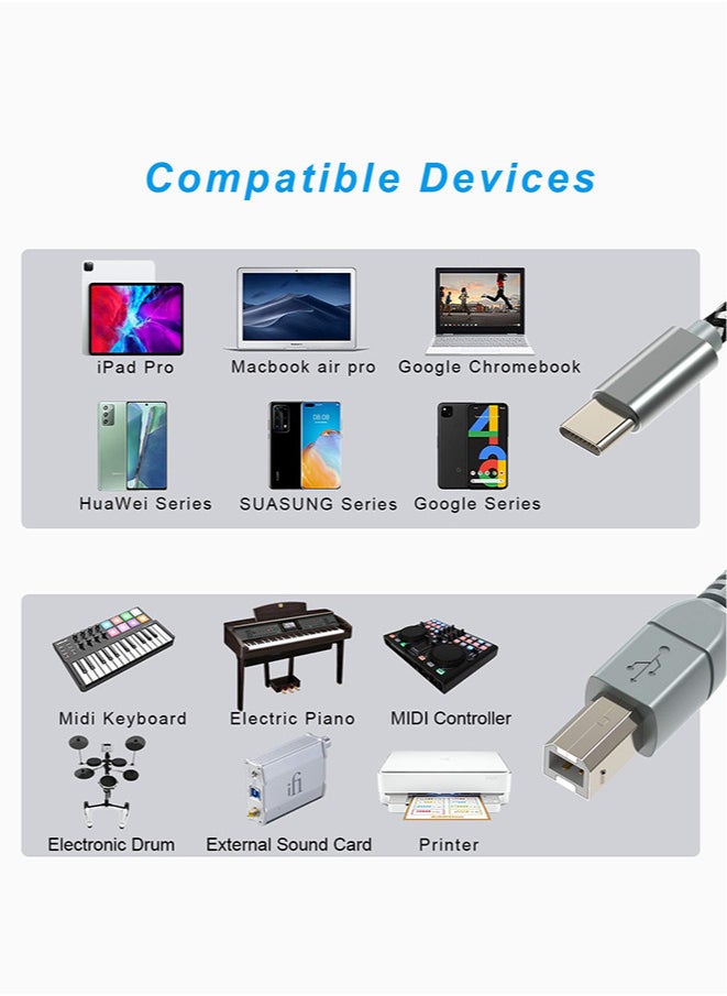 Chixing USB B to USB C Printer Cable 1.5m, USB C to USB B MIDI OTG Cord Type C Printer Cable for MacBook Pro, Air, USB C MIDI Cable for Yamaha Casio Digital Piano MIDI Controller DJ Controller  - Image 2