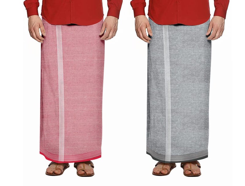 GONATURS Men Handloom cool Cotton plain Colour Lungi/Dhoti/mundu/veshti/kaili/panchalu,free size and rich colour lungi for men. (Red and Light Grey) - Combo Pack of 2 - Image 1