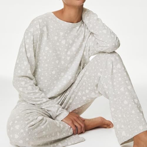 Marks & Spencer Printed Grey Pure Cotton Womens Round Neck Long Sleeves Regular Fit Pyjama & T-Shirt Set - Image 3