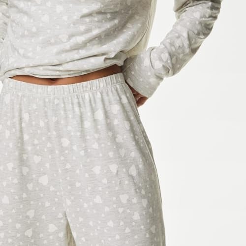 Marks & Spencer Printed Grey Pure Cotton Womens Round Neck Long Sleeves Regular Fit Pyjama & T-Shirt Set - Image 5
