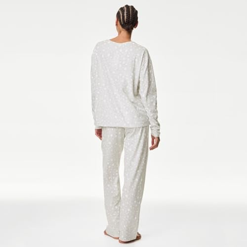 Marks & Spencer Printed Grey Pure Cotton Womens Round Neck Long Sleeves Regular Fit Pyjama & T-Shirt Set - Image 2