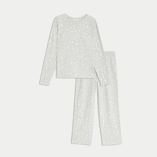Marks & Spencer Printed Grey Pure Cotton Womens Round Neck Long Sleeves Regular Fit Pyjama & T-Shirt Set - Image 4