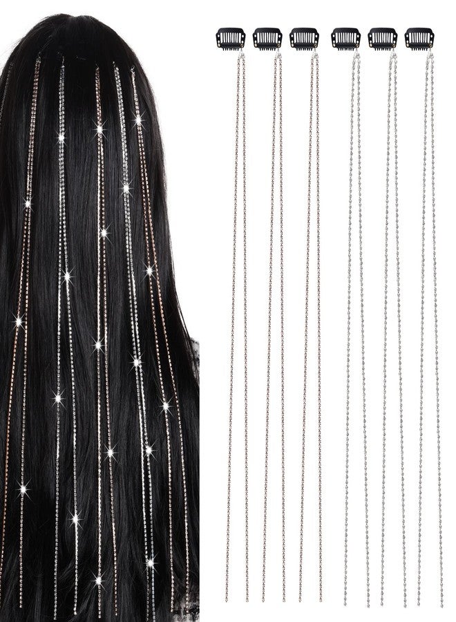 RECTYO GALLERY 6Pcs Premium Hair Jewelry for Braids Rhinestone Hair Chains Clips In Bling Long Tassel Hair Charms Extension Accessories for Women Girls Rave Festival Hairstyle Decoration(Sliver, Gold) - Image 1