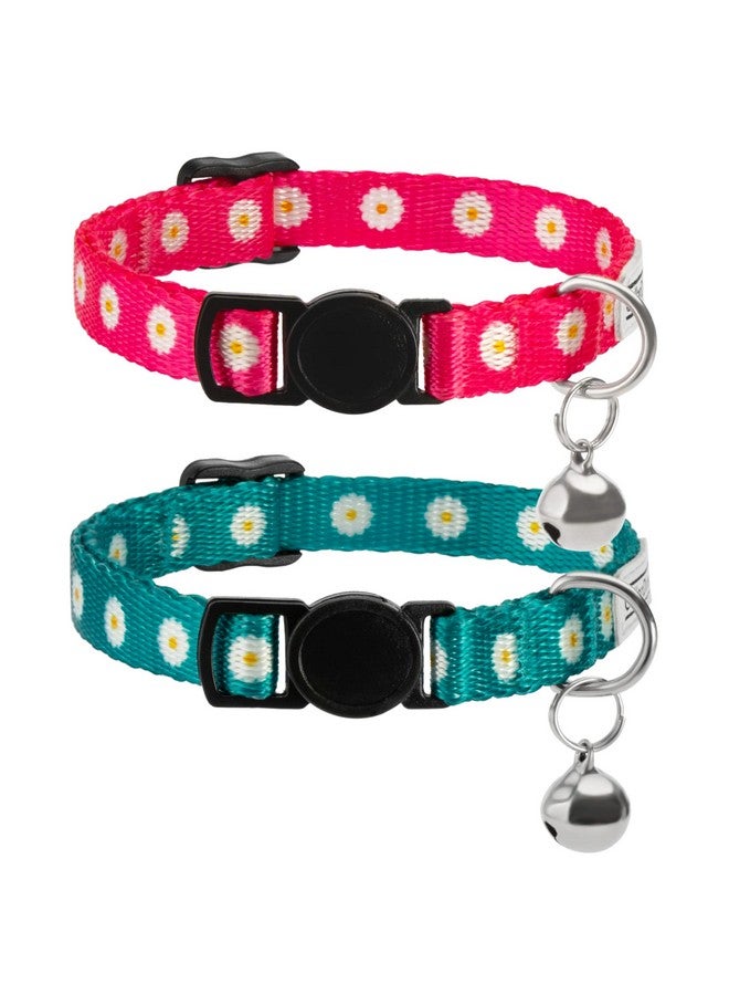 CollarDirect Cat Collar With Bell Floral Pattern 2 Pack Set Flower Adjustable Safety Breakaway Collars For Cats Kitten (Pink + Green) - Image 1