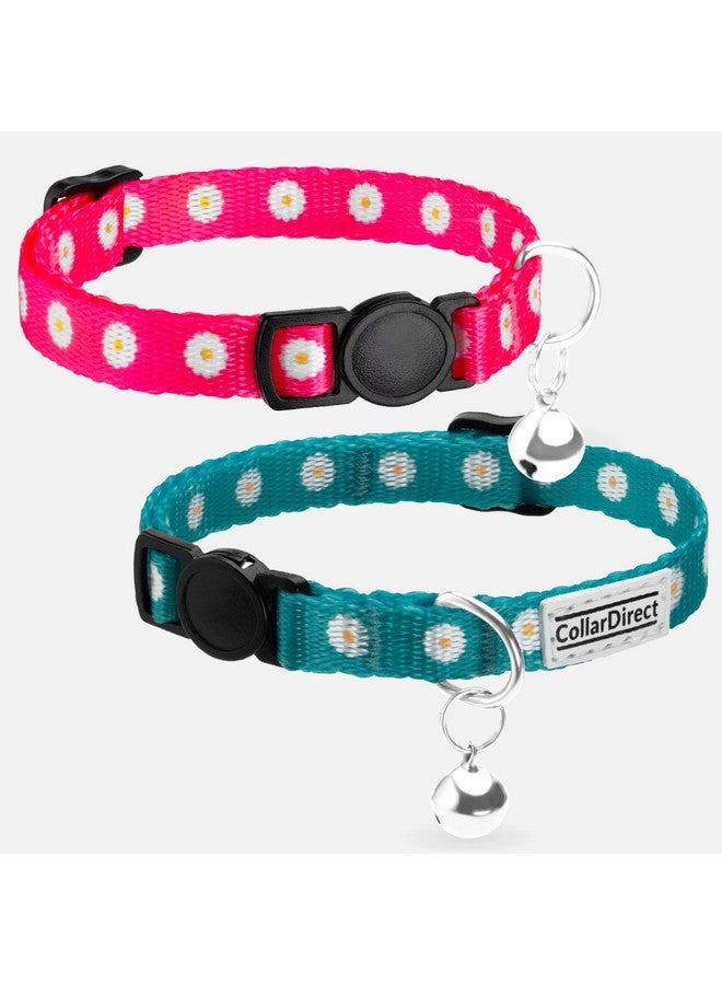 CollarDirect Cat Collar With Bell Floral Pattern 2 Pack Set Flower Adjustable Safety Breakaway Collars For Cats Kitten (Pink + Green) - Image 3