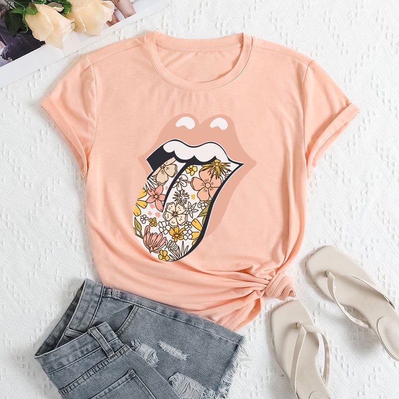 2025 Foreign Trade Womens Independent Station Temu Clothing Cross-border E-commerce ebay Amazon Lickitone Printed Polyester Ammonia T-shirt Coral color 