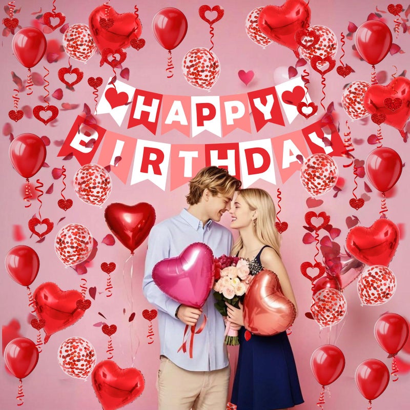 FECEDY Red Happy Birthday Banner Heart-Shaped Aluminum Foil Balloon Round Latex balloons Fake Petals Hanging Streamers for happy Birthday Party Decorations - Image 5