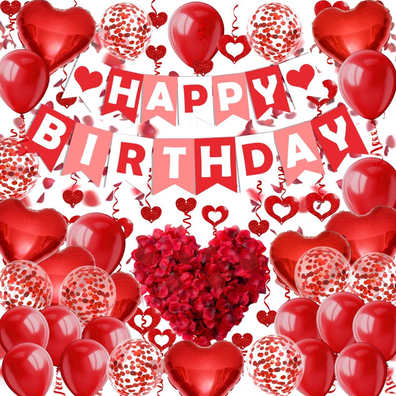 FECEDY Red Happy Birthday Banner Heart-Shaped Aluminum Foil Balloon Round Latex balloons Fake Petals Hanging Streamers for happy Birthday Party Decorations - Image 1