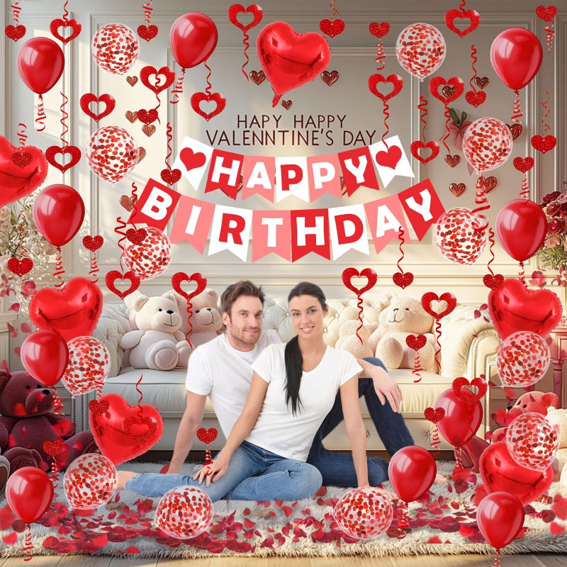 FECEDY Red Happy Birthday Banner Heart-Shaped Aluminum Foil Balloon Round Latex balloons Fake Petals Hanging Streamers for happy Birthday Party Decorations - Image 3