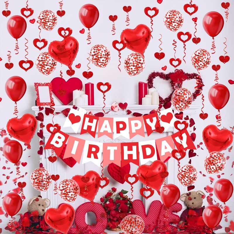 FECEDY Red Happy Birthday Banner Heart-Shaped Aluminum Foil Balloon Round Latex balloons Fake Petals Hanging Streamers for happy Birthday Party Decorations - Image 4