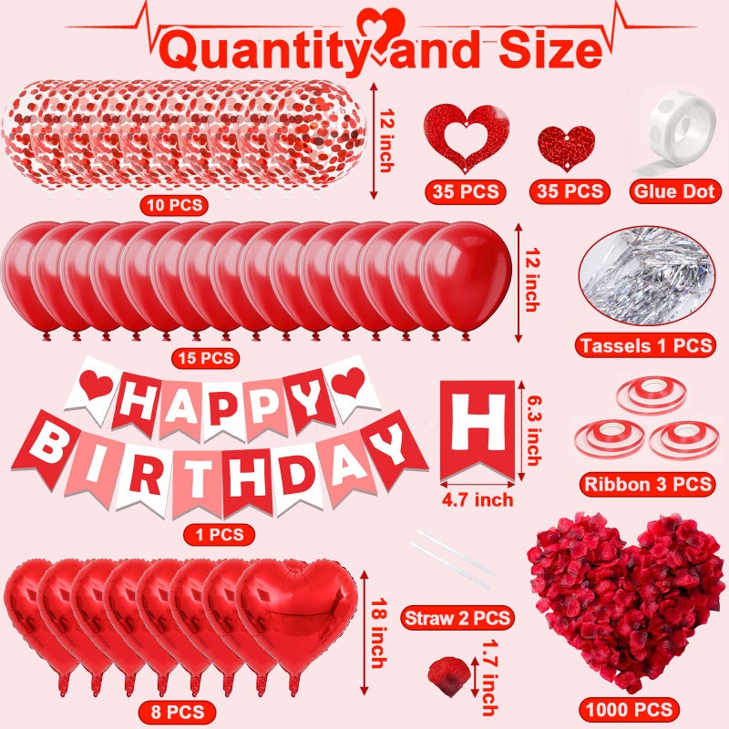 FECEDY Red Happy Birthday Banner Heart-Shaped Aluminum Foil Balloon Round Latex balloons Fake Petals Hanging Streamers for happy Birthday Party Decorations - Image 2