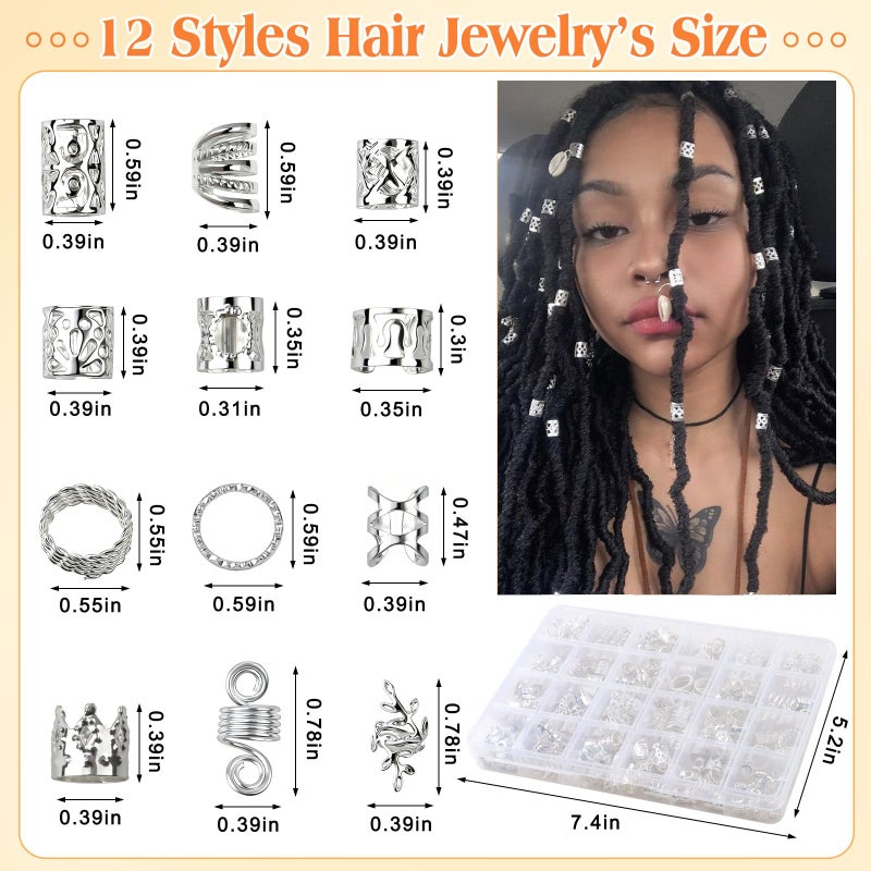 Cypsin 300 Pcs Silver Hair Jewelry for Braids,12 Styles Dreadlock Accessories, Adjustable Metal Hair Clips, Hair Cuff Coils Rings Braiding Decorations for Women Men - Image 2