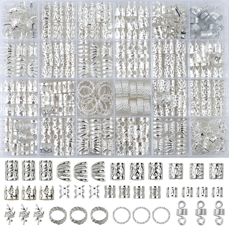 Cypsin 300 Pcs Silver Hair Jewelry for Braids,12 Styles Dreadlock Accessories, Adjustable Metal Hair Clips, Hair Cuff Coils Rings Braiding Decorations for Women Men - Image 1