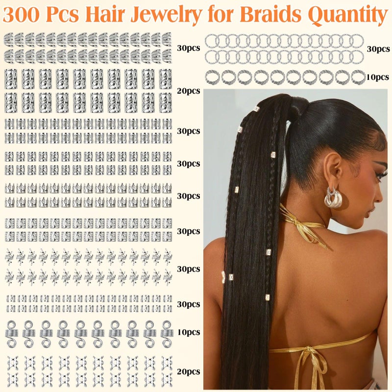 Cypsin 300 Pcs Silver Hair Jewelry for Braids,12 Styles Dreadlock Accessories, Adjustable Metal Hair Clips, Hair Cuff Coils Rings Braiding Decorations for Women Men - Image 3