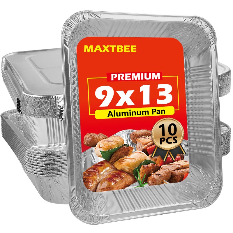 MAXTBEE 9x13 Aluminum Foil Pans with Lid, 10 Pack Disposable Trays Half Size Heavy Duty Tin Pans Deep Food Containers For Cooking, Meal Prep, Baking, Roasting, Chafing, Heating or Steam Table - Image 1