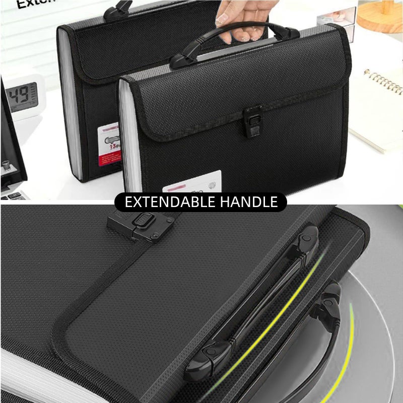 Bamyli 13 Pockets Expanding File Organisers,Accordion Folder Expandable File, A4 Filing Box File Folders with Handle, Black Portable Filing Box with a Pen for Travel School Office Home - Image 5
