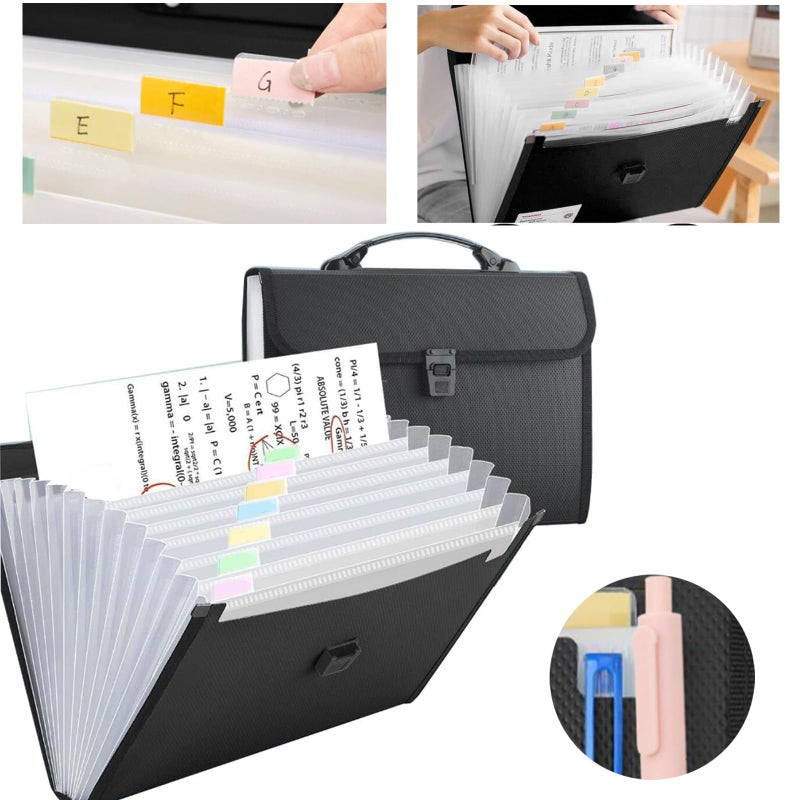 Bamyli 13 Pockets Expanding File Organisers,Accordion Folder Expandable File, A4 Filing Box File Folders with Handle, Black Portable Filing Box with a Pen for Travel School Office Home - Image 3