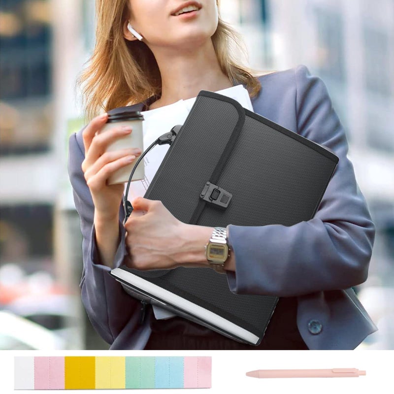 Bamyli 13 Pockets Expanding File Organisers,Accordion Folder Expandable File, A4 Filing Box File Folders with Handle, Black Portable Filing Box with a Pen for Travel School Office Home - Image 4