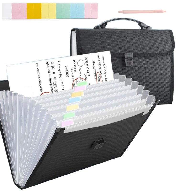 Bamyli 13 Pockets Expanding File Organisers,Accordion Folder Expandable File, A4 Filing Box File Folders with Handle, Black Portable Filing Box with a Pen for Travel School Office Home - Image 1