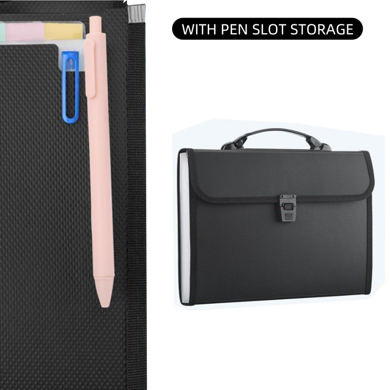 Bamyli 13 Pockets Expanding File Organisers,Accordion Folder Expandable File, A4 Filing Box File Folders with Handle, Black Portable Filing Box with a Pen for Travel School Office Home - Image 2