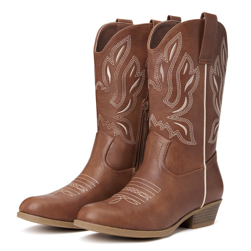 vodvob Kids Western Cowboy Boots for Girls & Boys, Round Toe Mid-Calf Cowgirl Boot with Embroidered & Side Zipper (Little Kid/Big Kid) - Image 4