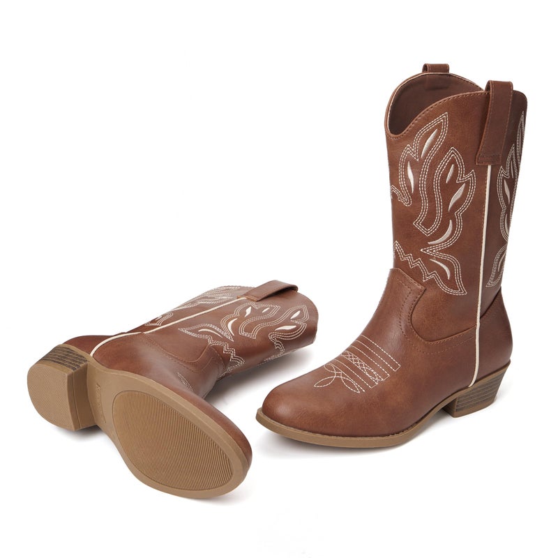 vodvob Kids Western Cowboy Boots for Girls & Boys, Round Toe Mid-Calf Cowgirl Boot with Embroidered & Side Zipper (Little Kid/Big Kid) - Image 5