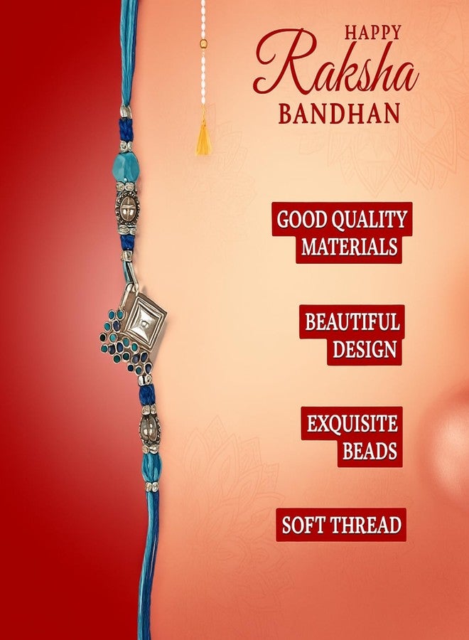 Sage Square Rakhi for Brother, Bhai with Roli Chawal | Raksha Bandhan | Designer Beads, Stones, Decorative Work | Stylish Handcrafted Rakhi Gifting for Sibling Festival Celebration (Type 2) - Image 4