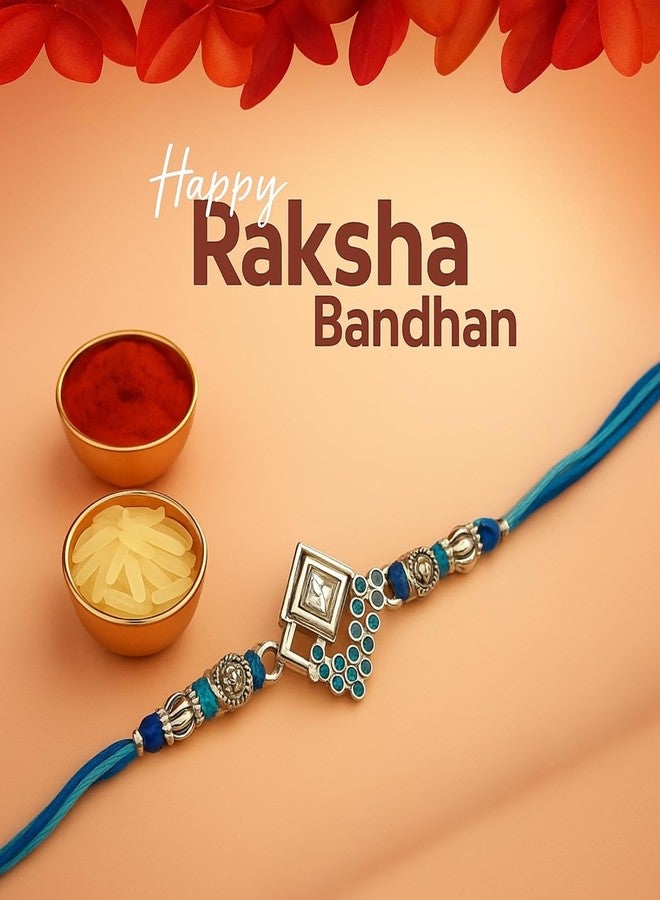 Sage Square Rakhi for Brother, Bhai with Roli Chawal | Raksha Bandhan | Designer Beads, Stones, Decorative Work | Stylish Handcrafted Rakhi Gifting for Sibling Festival Celebration (Type 2) - Image 2