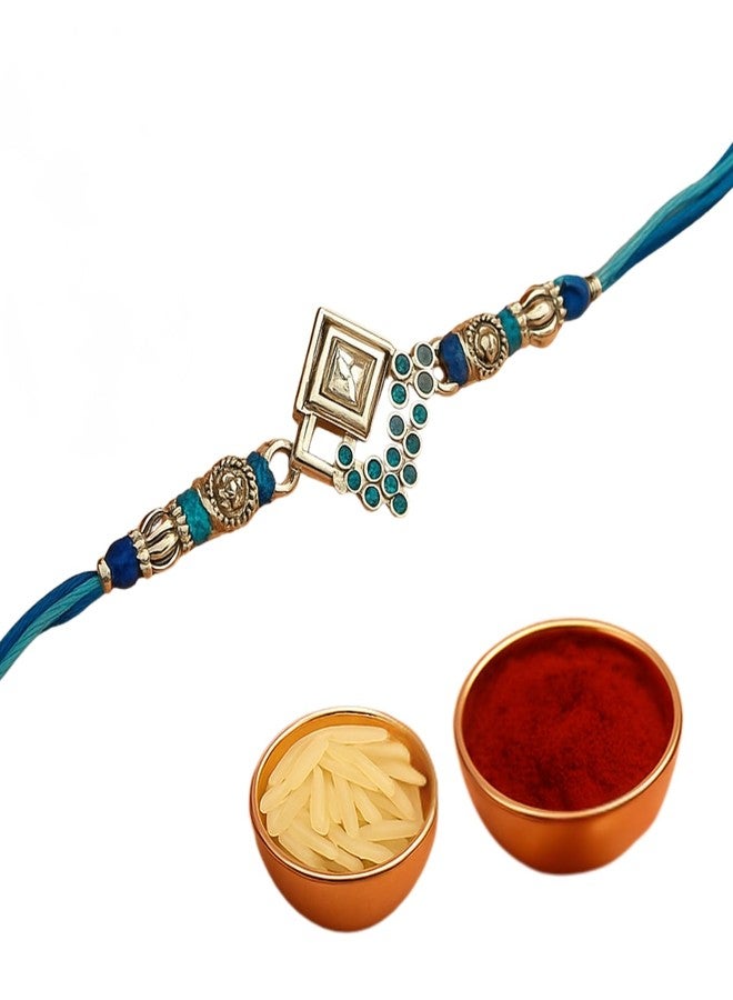 Sage Square Rakhi for Brother, Bhai with Roli Chawal | Raksha Bandhan | Designer Beads, Stones, Decorative Work | Stylish Handcrafted Rakhi Gifting for Sibling Festival Celebration (Type 2) - Image 1
