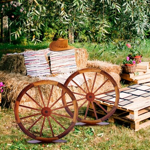 Yousoontic 2 Pcs 24 Inch Wood Wagon Wheel Decor Western Party Decorations Vintage Old Western Wooden Wheel Signs for Bar Garage Patio Cowboy Party Decorations for Home Garden Rustic Wagon Wheel - Image 4