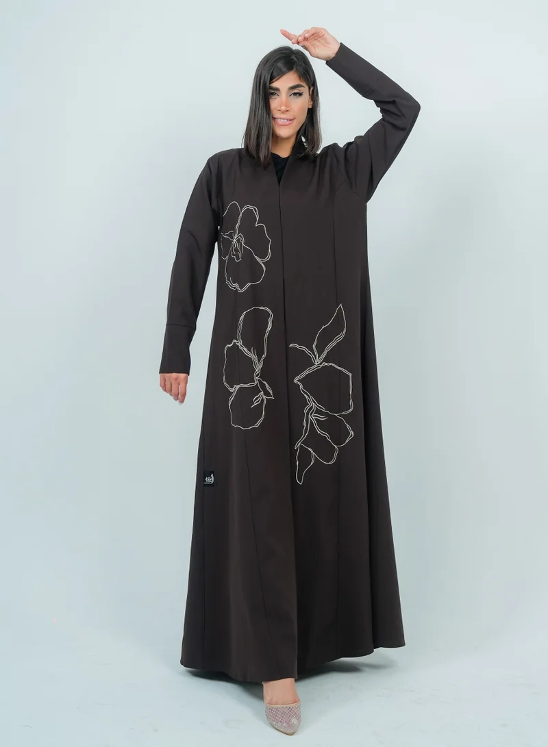 Embellishment Brown Abaya With Embroidery Flowers design