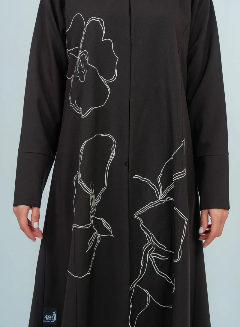 Rosette Abaya Embellishment Brown Abaya With Embroidery Flowers design