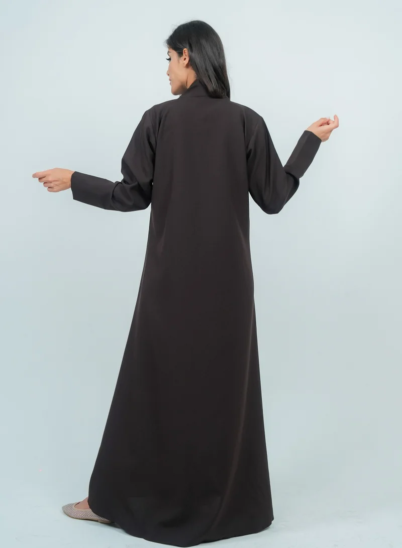 Rosette Abaya Embellishment Brown Abaya With Embroidery Flowers design