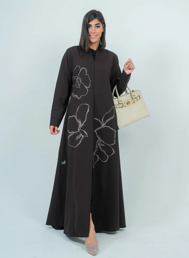 Rosette Abaya Embellishment Brown Abaya With Embroidery Flowers design