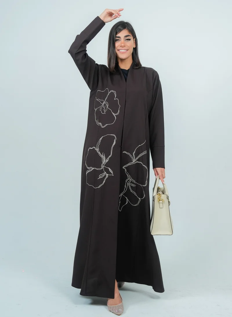 Rosette Abaya Embellishment Brown Abaya With Embroidery Flowers design
