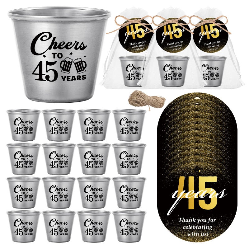 Skybooly 50 Set 45th Birthday Party Favors for Guests Souvenir Shot Glasses Cheers to 45 Year Stainless Steel Shot Glasses Thank You Tag Organza Bag Twine Birthday Gift for Anniversary Wedding Shower