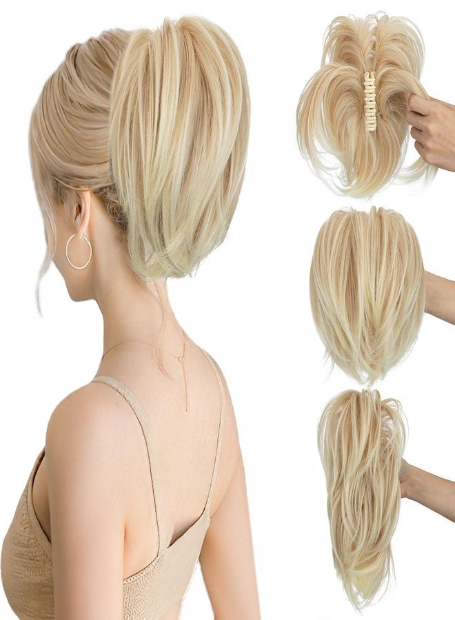 SEGO Claw Clip Short Ponytail Extension Messy Bun Hair Piece With 4 Bendable Metals DIY Synthetic Fake Hair Bun For Women 8 Inch-#24T613 Neutral Blonde to Bleach Blonde - Image 1