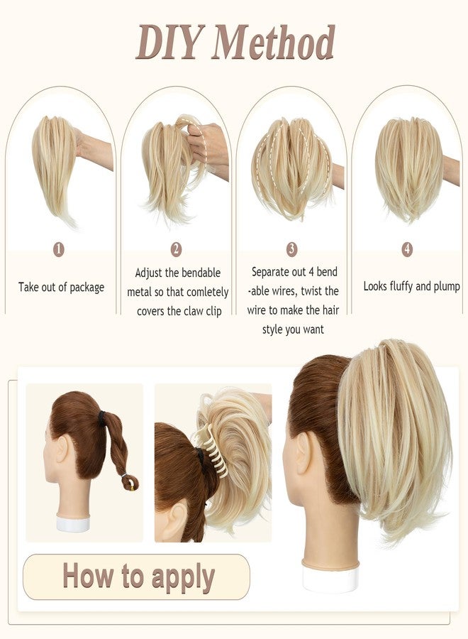 SEGO Claw Clip Short Ponytail Extension Messy Bun Hair Piece With 4 Bendable Metals DIY Synthetic Fake Hair Bun For Women 8 Inch-#24T613 Neutral Blonde to Bleach Blonde - Image 3