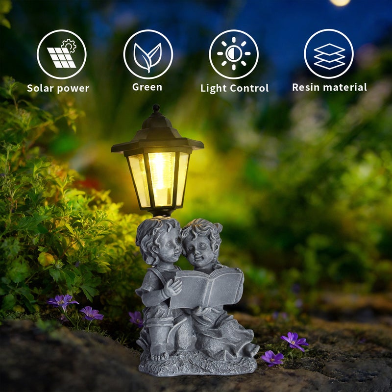 Resin Reading Boy and Girl Solar Outdoor Light Statue for Garden Landscape Figurine Decor - Image 4