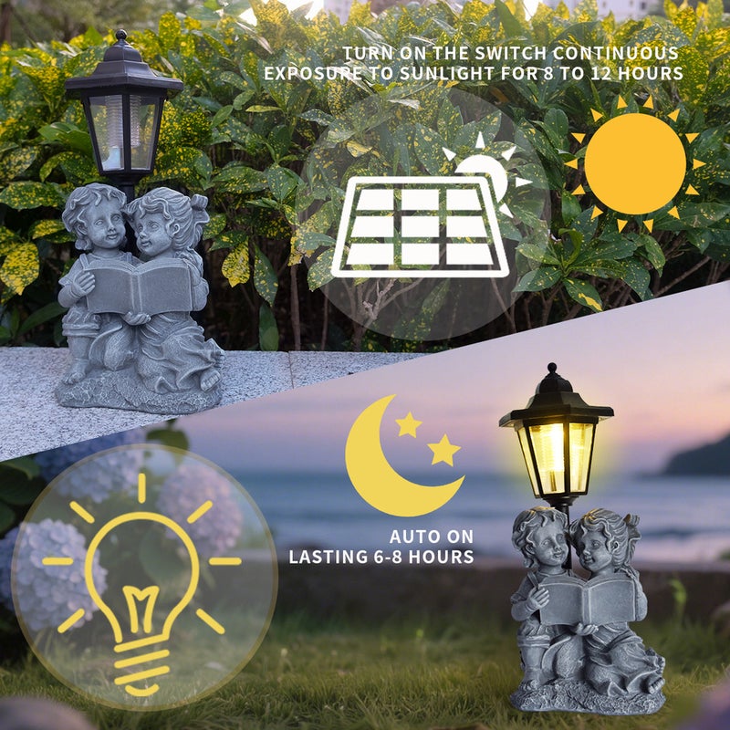 Resin Reading Boy and Girl Solar Outdoor Light Statue for Garden Landscape Figurine Decor - Image 3