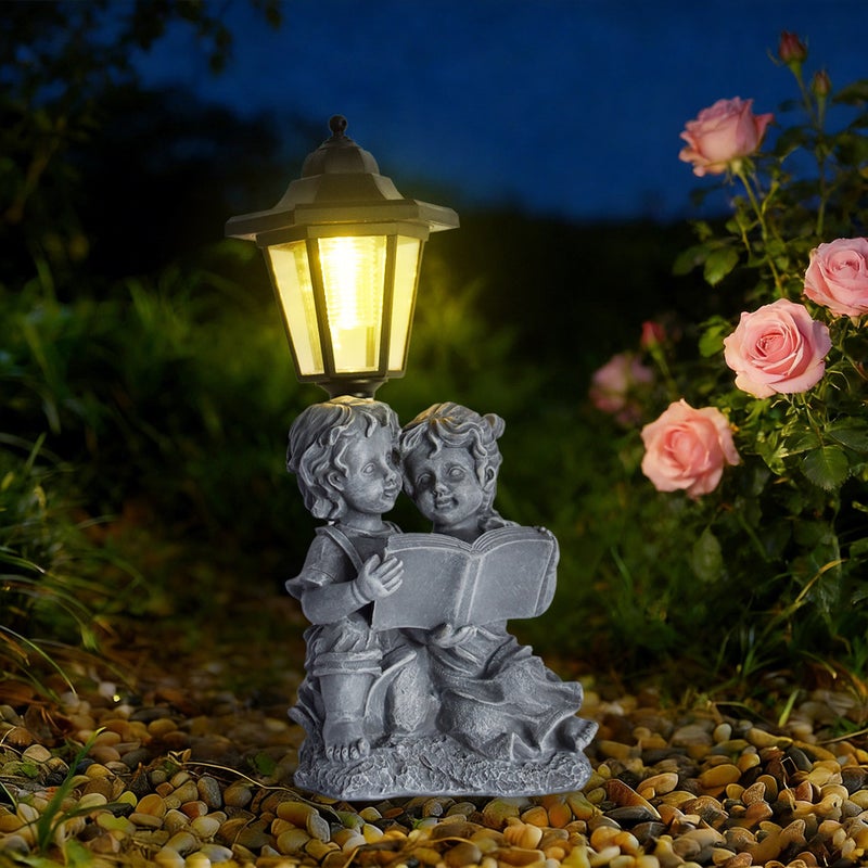 Resin Reading Boy and Girl Solar Outdoor Light Statue for Garden Landscape Figurine Decor - Image 2