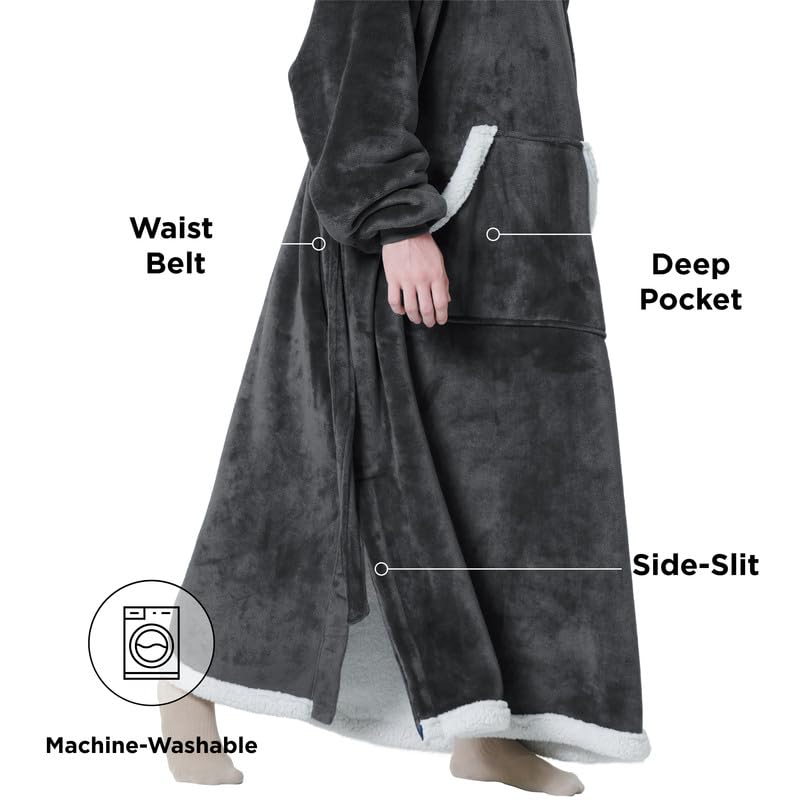 Bedsure Bedsure Wearable Blanket Hoodie Women - Long Sherpa Fleece Hooded Blanket for Teens Adult  Warm Cozy Blanket Sweatshirt with Giant Pocket and Belt  Winter Gifts for Girls  Small  Charcoal  - Image 3
