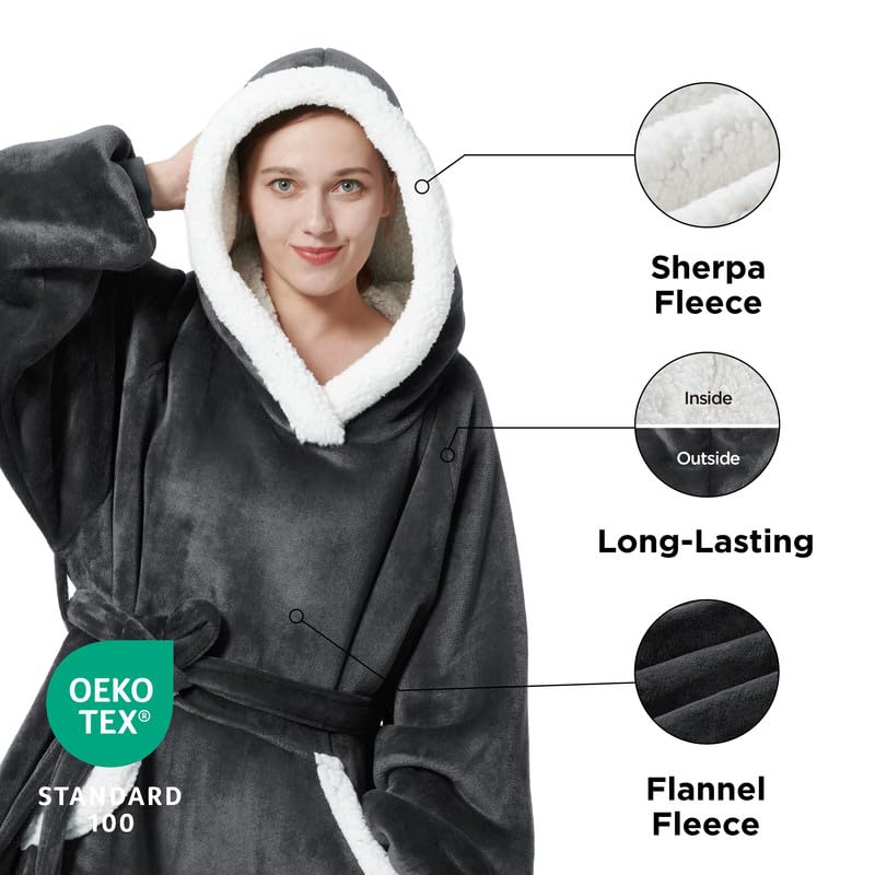 Bedsure Bedsure Wearable Blanket Hoodie Women - Long Sherpa Fleece Hooded Blanket for Teens Adult  Warm Cozy Blanket Sweatshirt with Giant Pocket and Belt  Winter Gifts for Girls  Small  Charcoal  - Image 2